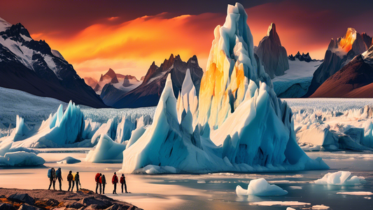 Vivid sunset casting golden hues over the massive ice formations and rugged peaks of Los Glaciares National Park in Argentina, with a group of hikers observing in awe from a distant viewpoint.