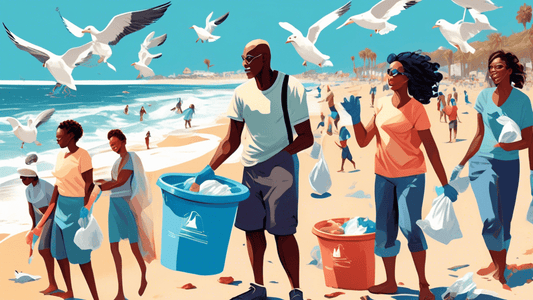 Digital painting of a diverse group of people of various ages and ethnicities, wearing gloves and holding trash bags, cleaning up a sunny beach with blue ocean waves in the background, under a clear s