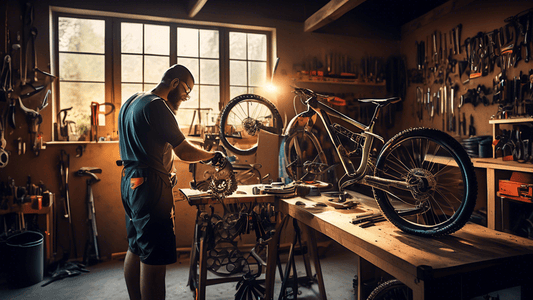 A skilled mechanic performing maintenance on a mountain bike in a well-organized workshop, with tools neatly arranged and bike parts visible. The setting is rustic, illuminated by warm, natural light 