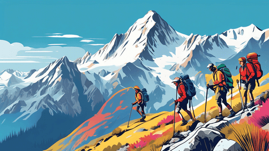 An exhilarating scene of diverse adventurers hiking on a rugged Alpine trail, with towering snow-capped peaks under a clear blue sky, equipped with colorful backpacks and using trekking poles, capturi