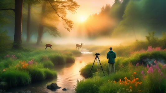 An ethereal sunrise landscape featuring a skilled photographer with a professional camera on a tripod, capturing the vibrant colors in a lush, green forest with mist rolling over a nearby stream, surr
