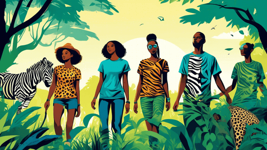 Group of diverse young hikers wearing vibrant, organic animal print t-shirts, exploring a lush green forest with a clear blue sky in the background, displaying a variety of animal motifs like zebra, t