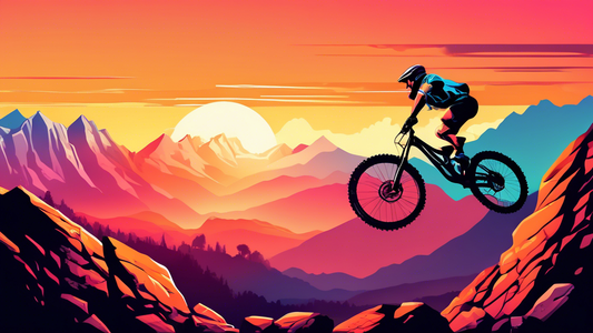 An adrenaline-fueled mountain biker performing a high jump over a rocky terrain with a breathtaking mountain range in the background, during sunset.