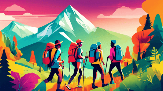 A group of stylish hikers wearing trendy, colorful outdoor gear while trekking through a lush, vibrant forest with mountains in the background, captured in a dynamic, high-resolution illustration.