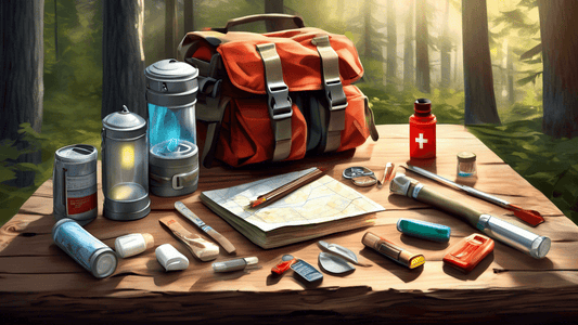 A digital painting of a neatly organized emergency camping kit laid out on a rustic wooden table in a forest clearing, featuring items like a flashlight, first aid kit, matches, compass, and a map, wi
