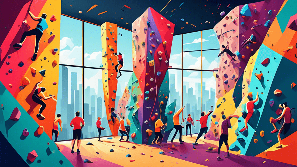 Vibrant scene at a bustling climbing gym filled with climbers of various skill levels ascending colorful, geometrically diverse climbing walls, featuring a mix of backgrounds including urban skyline t