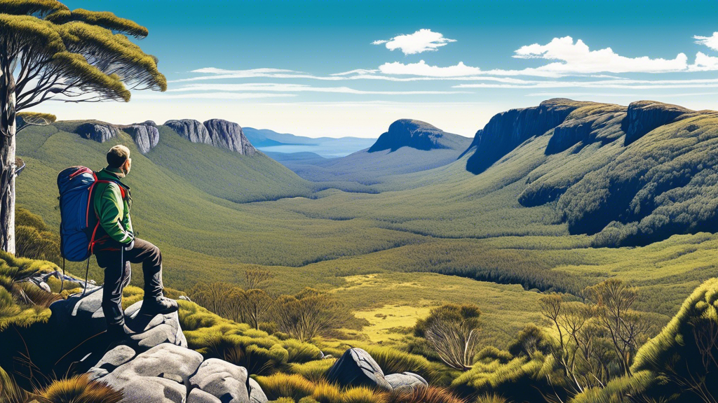 A panoramic view of a hiker looking out over the lush, green landscape of the Overland Track in Tasmania, Australia, with majestic mountains in the background and a clear blue sky overhead.