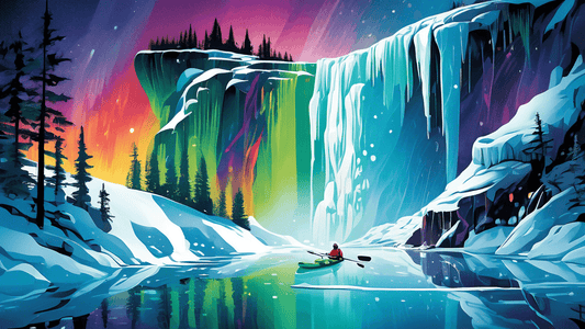 An artistic montage of adventurous activities across Canada, including kayaking in the serene waters of Banff National Park, hiking in the lush forests of the Bruce Peninsula, and ice climbing on the 