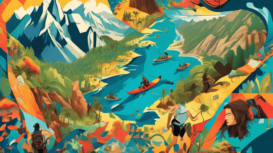 An illustrated collage of the top adventure-themed destinations globally, featuring a cliffside climber in Yosemite, a scuba diver in the Great Barrier Reef, a hiker overlooking Machu Picchu, and a ka