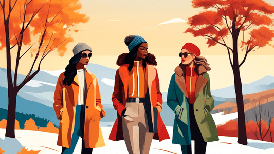 An artistic illustration depicting four diverse models, each dressed in stylish, seasonal outdoor attire corresponding to winter, spring, summer, and autumn, against a backdrop of scenic landscapes ch