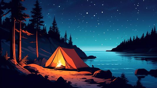 Peaceful twilight scene of a cozy campsite by the rugged coastline of Washington, with a small tent illuminated from inside, a campfire crackling nearby, and the silhouette of pine trees against a sta