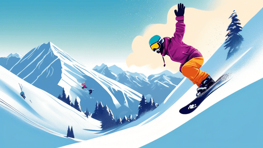 A serene mountain landscape covered in powdery snow, with a beginner snowboarder cautiously descending a gentle slope under the guidance of an experienced instructor, both wearing colorful winter gear
