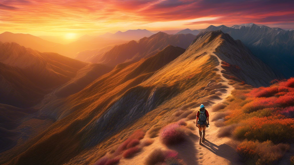 An aerial view of a hiker on the Pacific Crest Trail with a picturesque sunset in the background, highlighting the vast landscapes and rugged terrain of the pathway that stretches from Mexico to Canad