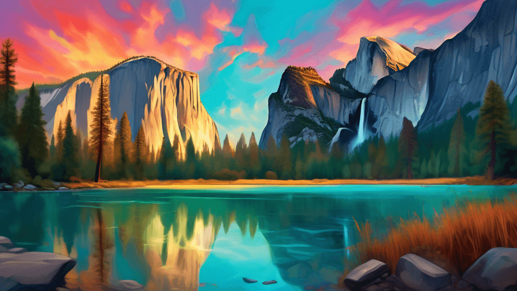 An awe-inspiring digital painting showcasing a panoramic view of Yosemite National Park on one side, featuring iconic El Capitan and Yosemite Falls, transitioning into the majestic landscapes of Banff