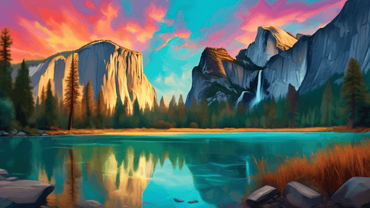 An awe-inspiring digital painting showcasing a panoramic view of Yosemite National Park on one side, featuring iconic El Capitan and Yosemite Falls, transitioning into the majestic landscapes of Banff