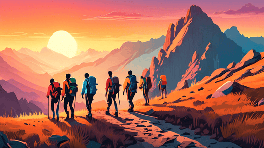 Stunning panoramic landscape of a diverse group of hikers with backpacks trekking along a rugged mountain trail at sunrise, conveying a sense of adventure and exploration.