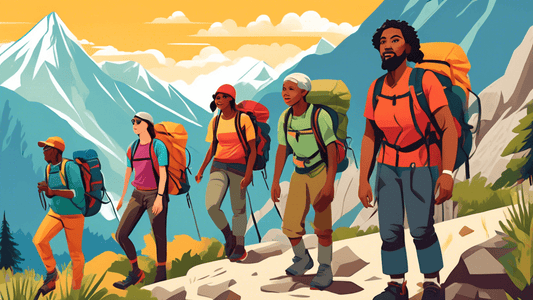 An illustrated guide displaying a diverse group of hikers of different ages and ethnicities wearing various backpacking attire suitable for different climates, illustrated in a detailed, vibrant, and 