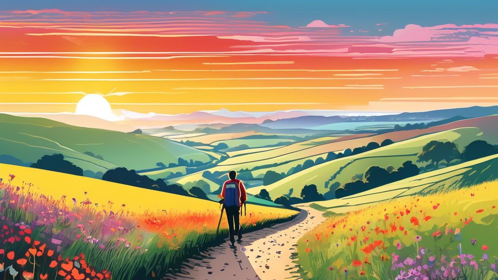An early morning scene on the South Downs Way, featuring a vibrant sunrise over gentle rolling hills sprinkled with wildflowers, a narrow winding footpath, and a distant hiker with a backpack admiring
