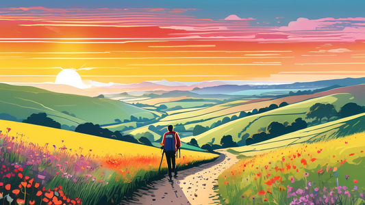 An early morning scene on the South Downs Way, featuring a vibrant sunrise over gentle rolling hills sprinkled with wildflowers, a narrow winding footpath, and a distant hiker with a backpack admiring