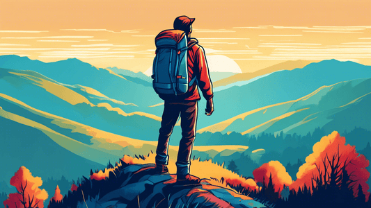 An adventurous person with a backpack standing on a mountaintop, overlooking a vast forest with rolling hills in the background, under a clear blue sky, at sunrise.