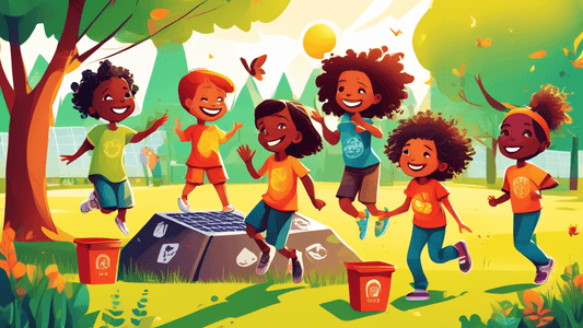 A colorful illustration of a group of diverse children happily playing in a park, wearing vibrant organic and vegan t-shirts made from eco-friendly materials, surrounded by nature and wildlife, with r