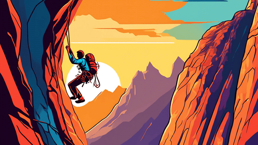 An illustrated guidebook cover showing a climber with advanced gear scaling a steep, rocky mountain cliff at sunset. The climber demonstrates a complex rope technique, skillfully manoeuvring through a