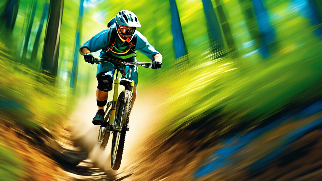 A skilled downhill mountain biker in full gear racing down a lush, steep mountain trail, with dynamic motion blur emphasizing speed and agility, surrounded by vivid green forest under a clear blue sky