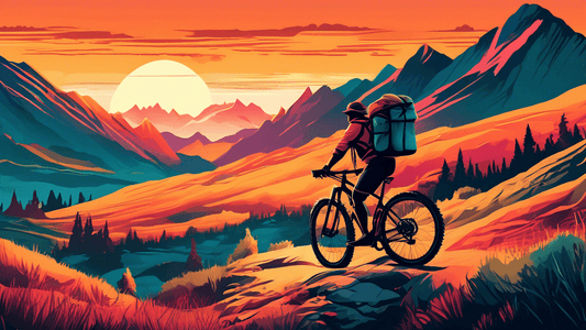 An adventurous person bikepacking through a breathtaking mountain landscape, with a fully loaded bicycle carrying camping gear, at sunset.