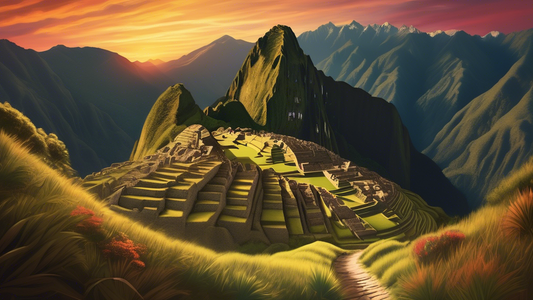 An aerial view of the winding Inca Trail through the lush Andean mountains leading to Machu Picchu at sunset, with hikers walking the path and ancient ruins visible in the landscape.