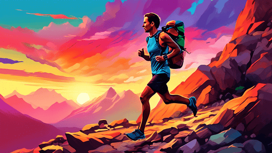 A digital painting of a runner equipped with trail running essentials, including hydration pack, trail shoes, and GPS watch, navigating a rocky mountain path during sunset, with a vibrant, colorful sk