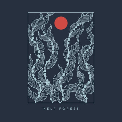 Line drawn kelp fronds rising through open water beneath a red sun, framed and labelled Kelp Forest, printed on a navy cotton tee