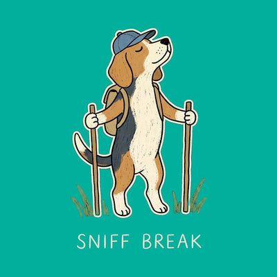 A beagle standing upright with a backpack and walking poles, above the words Sniff Break, printed on a jade green cotton tee