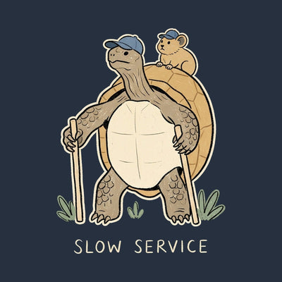 A tortoise hiking on two legs with walking poles and a pika riding on its shell, above the words Slow Service, printed on a navy cotton tee