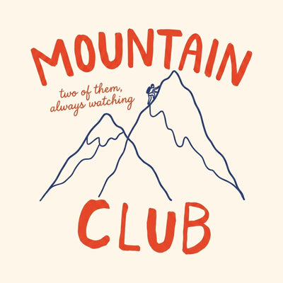 Mountain Club lettering around a twin peak outline with a tiny climber on the ridge line, printed on a natural cotton tee