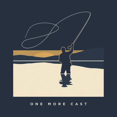 An angler casting a fly line while standing in flat water at sunset, above the words One More Cast, printed on a navy cotton tee