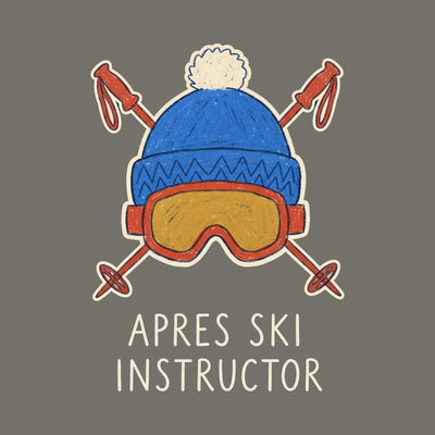 A bobble hat and ski goggles over crossed ski poles, above the words Apres Ski Instructor, printed on a charcoal cotton tee