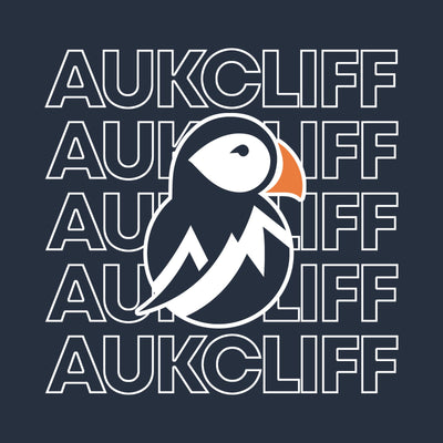 The word AukCliff in five stacked outlined rows with a puffin standing over them