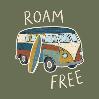 A vintage camper van with a surfboard leaning against the side, between the words Roam and Free, printed on a military green cotton tee