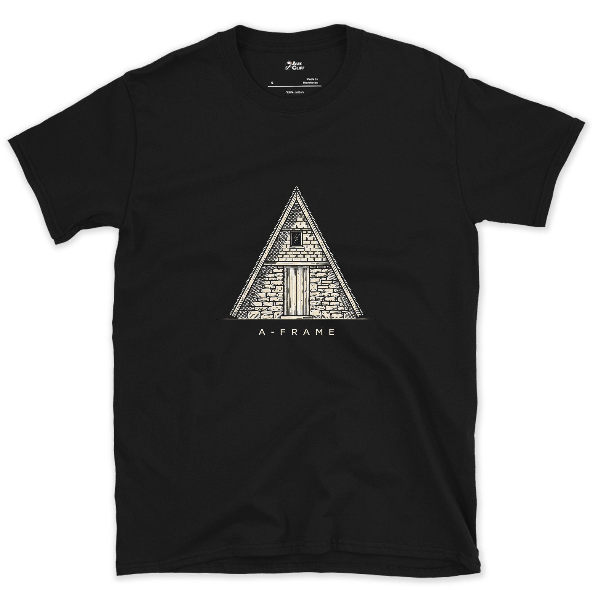 An A-Frame Shelter Needs No Explaining design on a Black Gildan Softstyle t-shirt