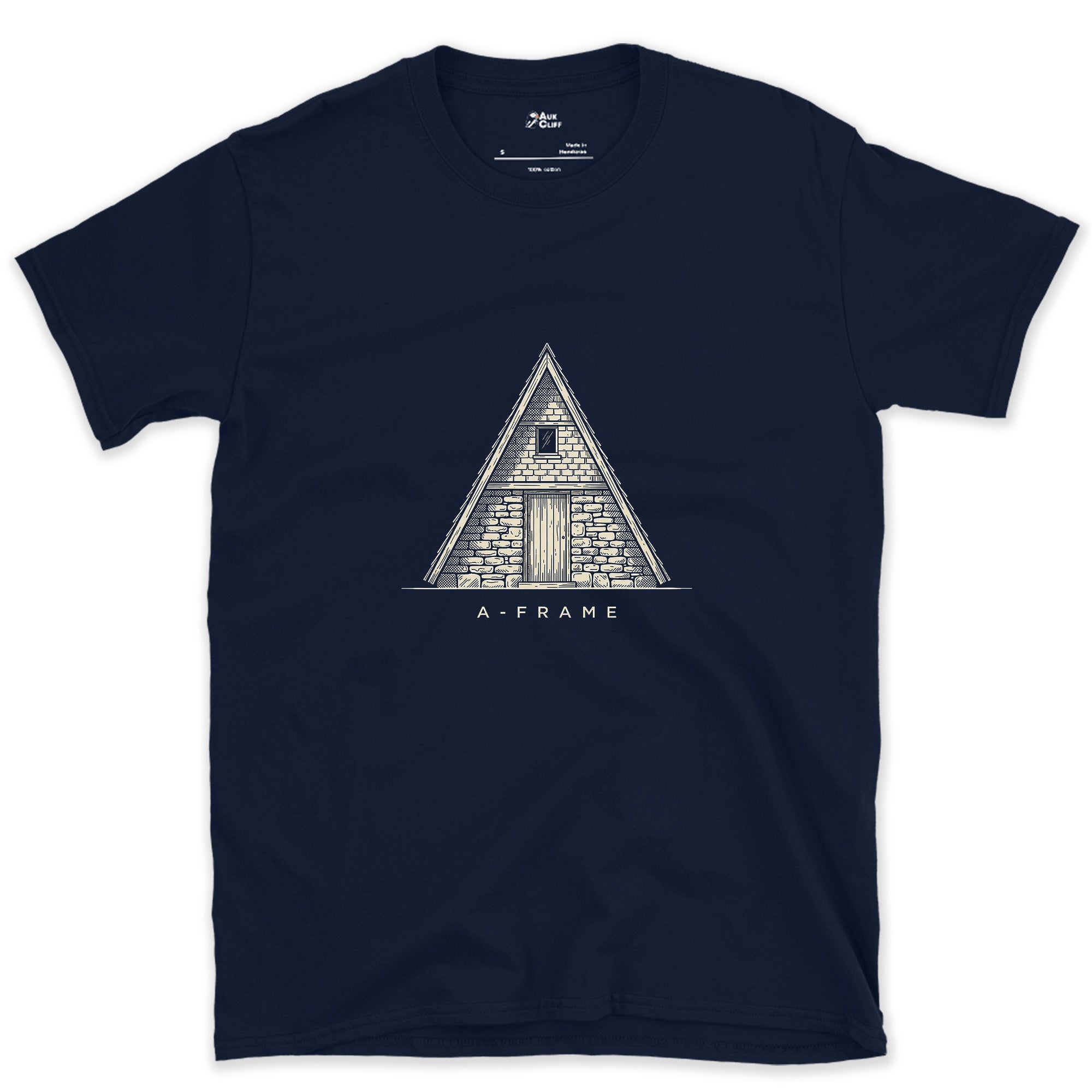 An A-Frame Shelter Needs No Explaining design on a Navy Gildan Softstyle t-shirt