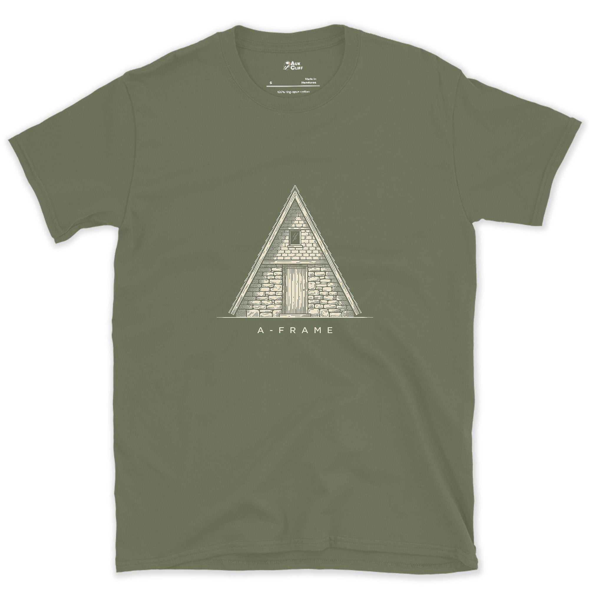 An A-Frame Shelter Needs No Explaining design on a Military Green Gildan Softstyle t-shirt