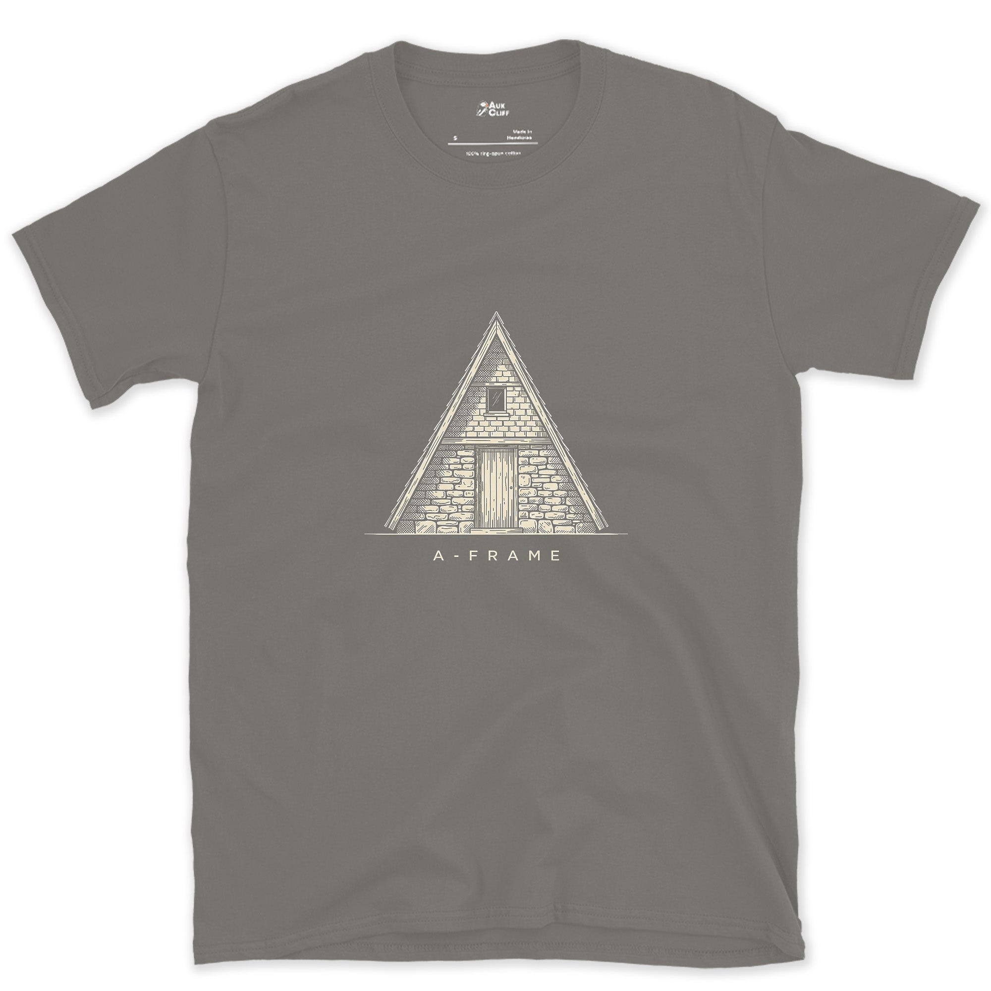 An A-Frame Shelter Needs No Explaining design on a Charcoal Gildan Softstyle t-shirt
