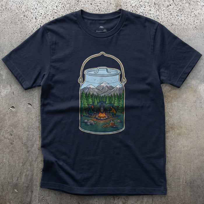 A Forest Clearing in the Billy Can design on a Navy Gildan Softstyle t-shirt