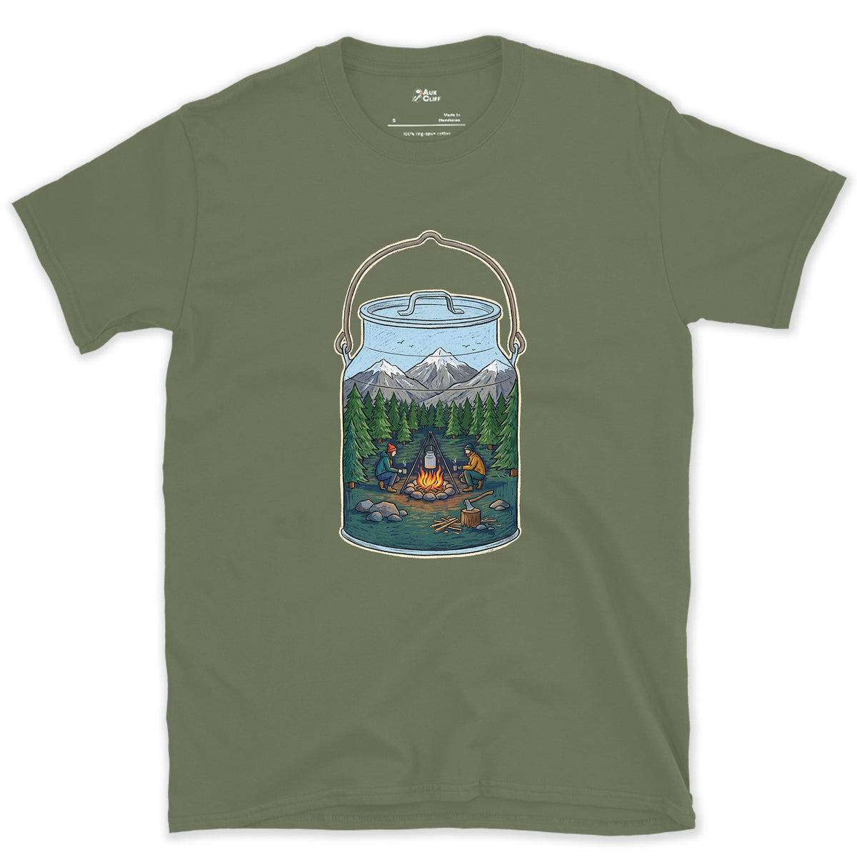 A Forest Clearing in the Billy Can design on a Military Green Gildan Softstyle t-shirt