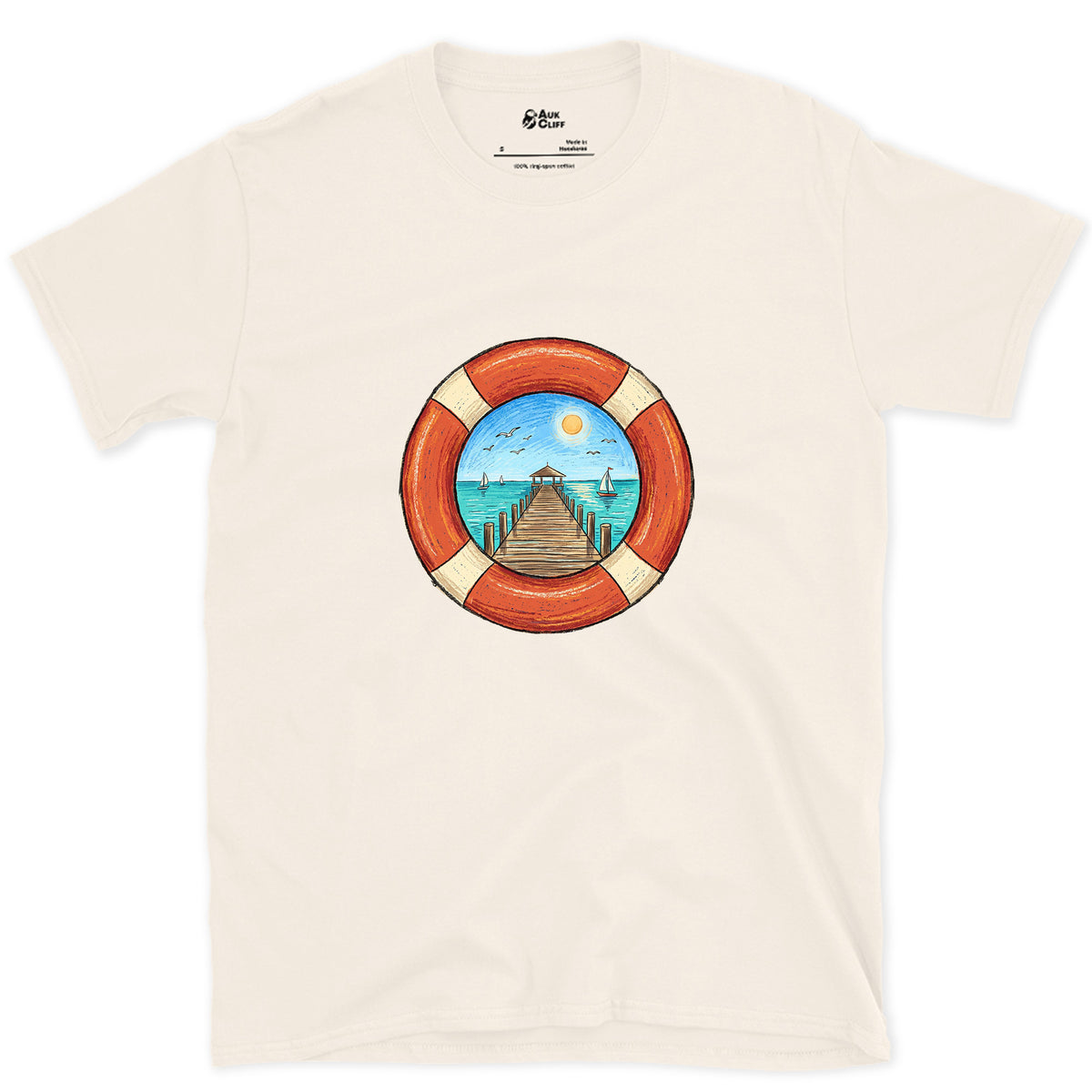 A Pier Through the Lifebuoy design on a Natural Gildan Softstyle t-shirt
