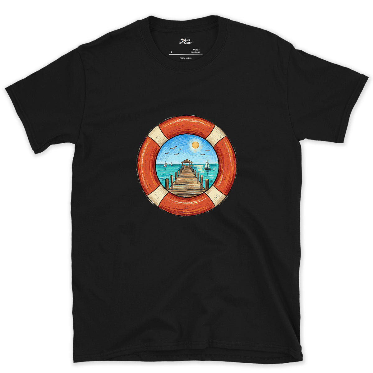 A Pier Through the Lifebuoy design on a Black Gildan Softstyle t-shirt