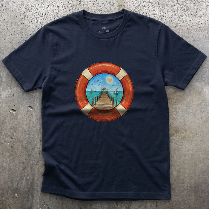 A Pier Through the Lifebuoy design on a Navy Gildan Softstyle t-shirt