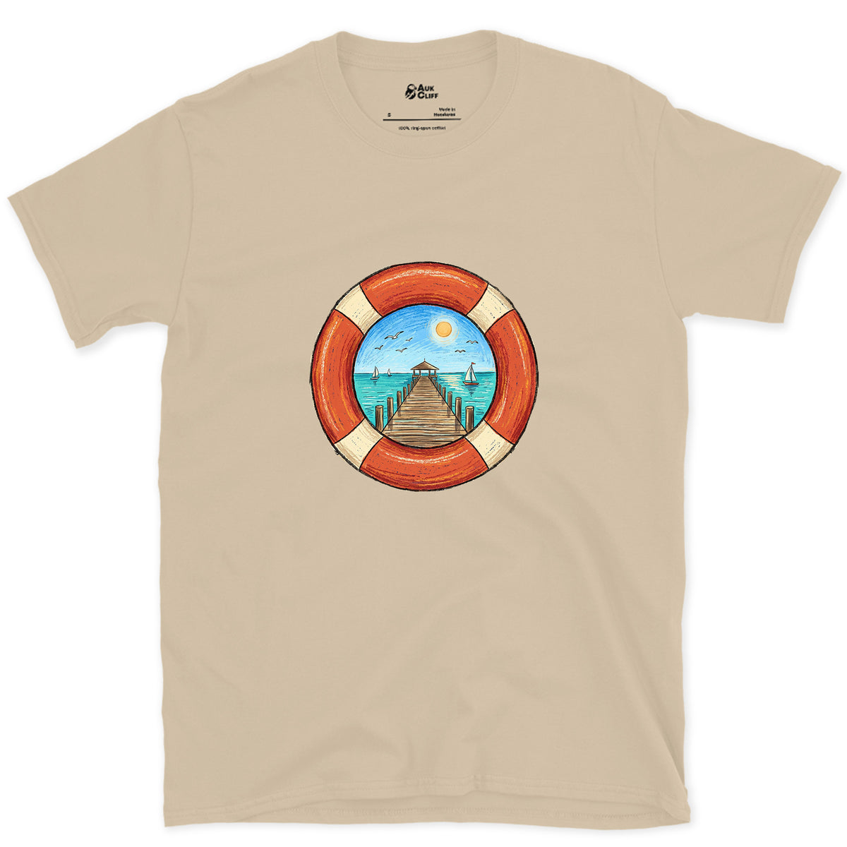 A Pier Through the Lifebuoy design on a Sand Gildan Softstyle t-shirt