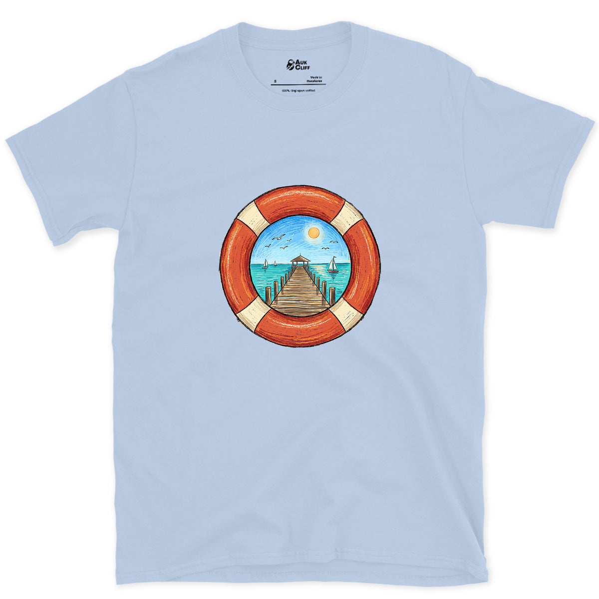 A Pier Through the Lifebuoy design on a Light Blue Gildan Softstyle t-shirt