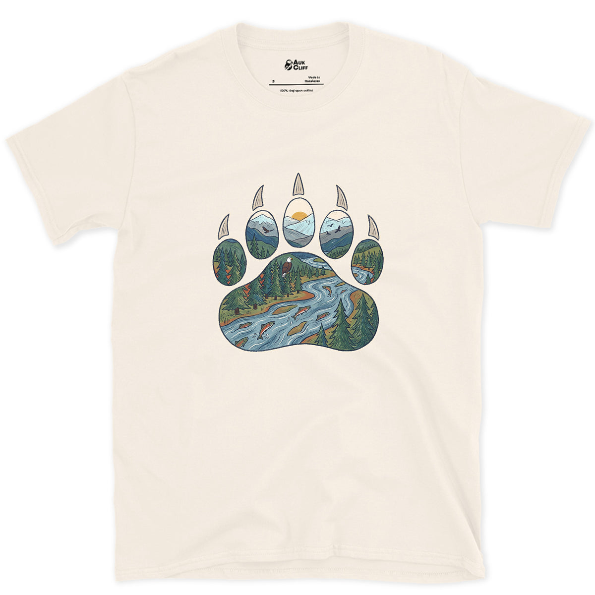 A Salmon River in the Paw Print design on a Natural Gildan Softstyle t-shirt